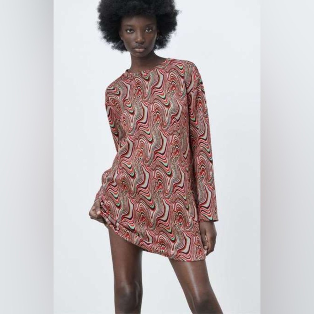 Zara Long Sleeve Mini Dress in Red Swirl Print
